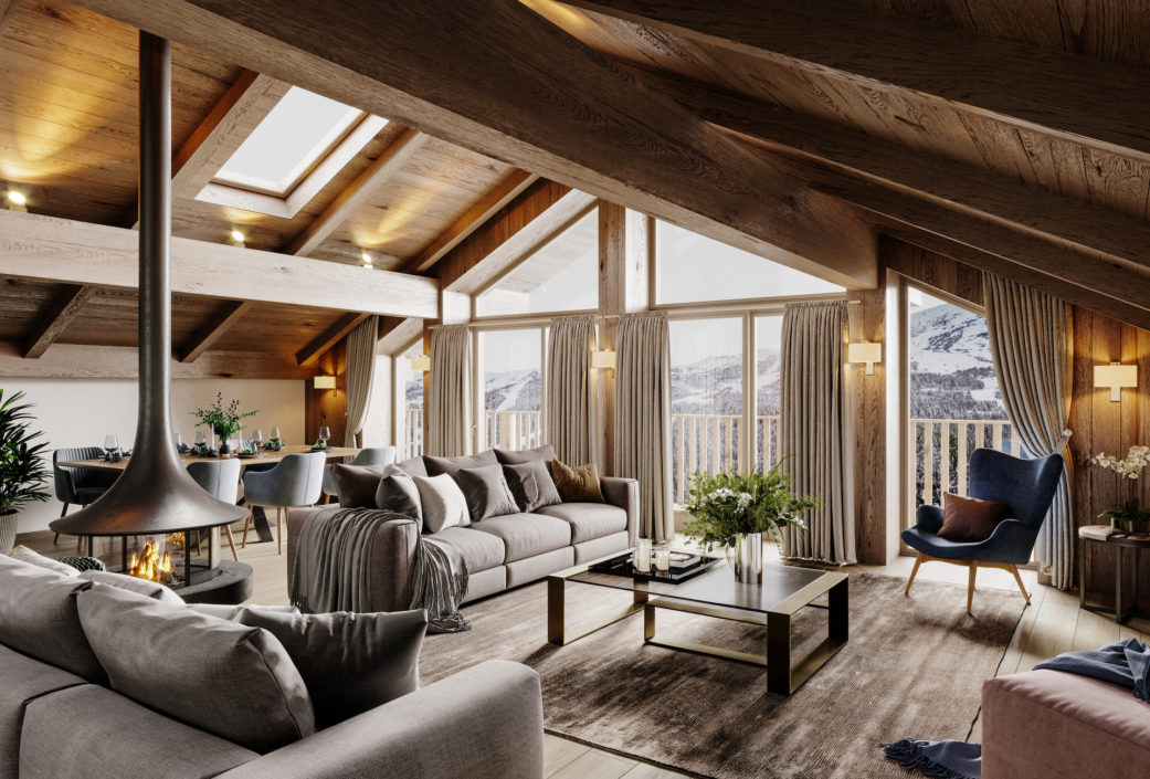 Alpine chalet interior 3D render