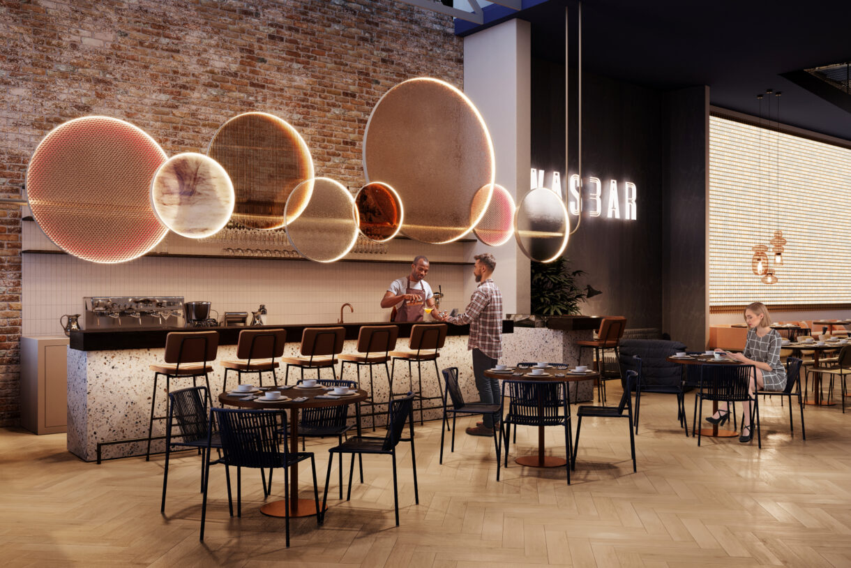 Atmospheric 3D rendering of a cafe