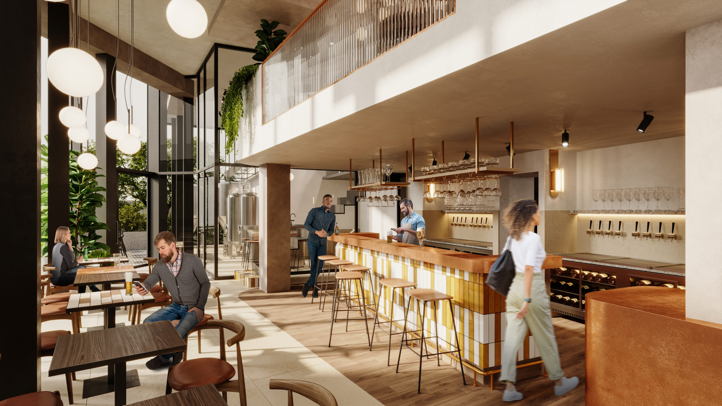 3D architectural rendering of a bar