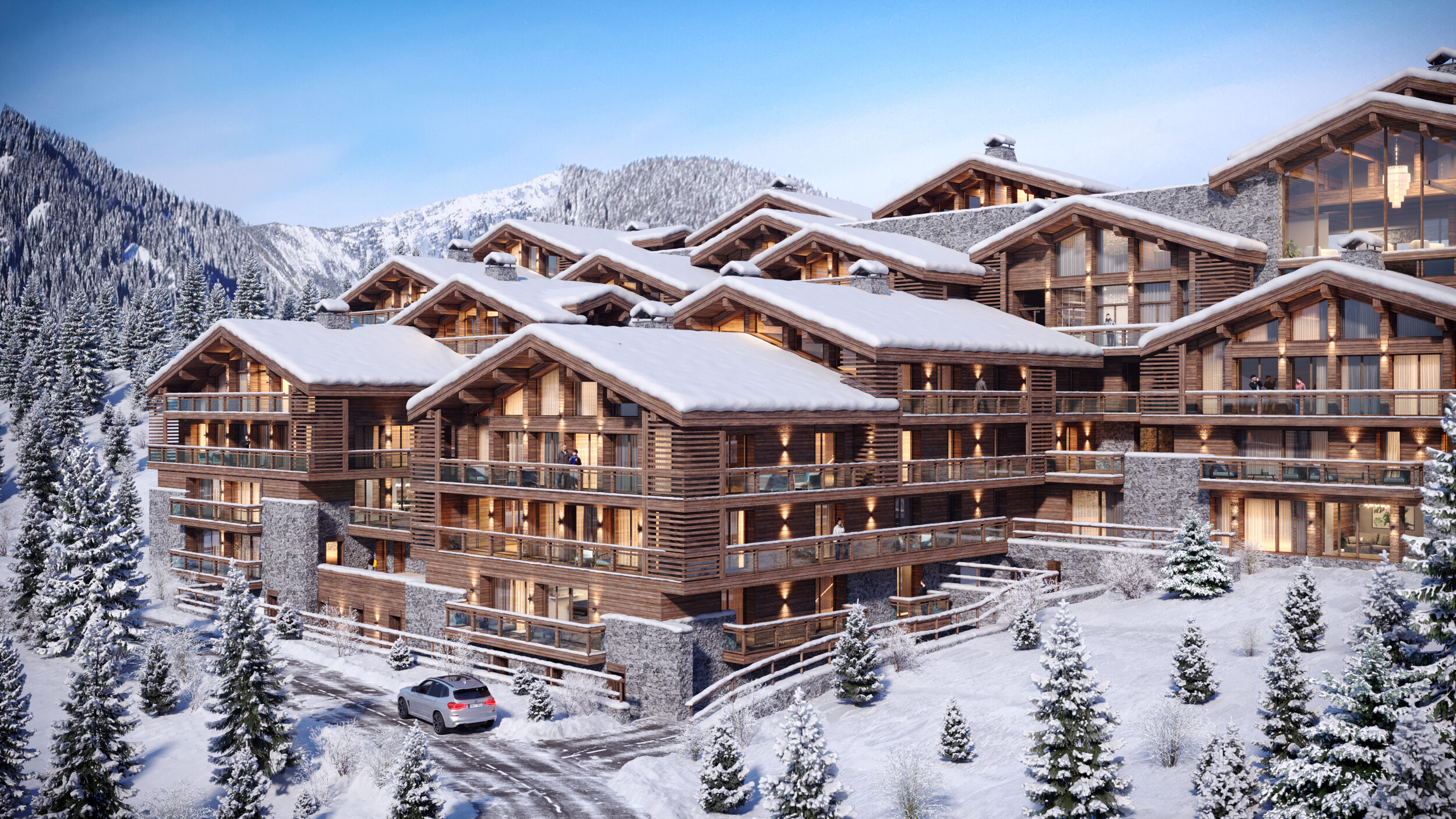 Alpine chalets exterior 3D visualization