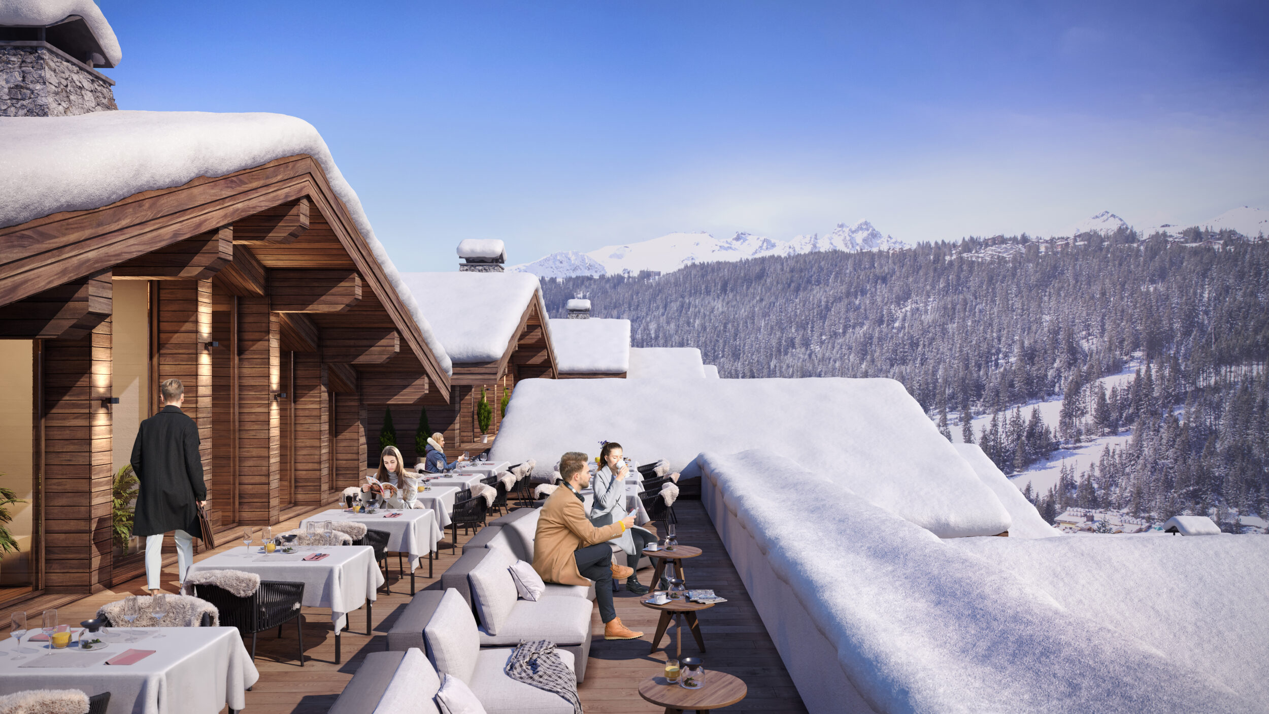 Alpine winter terrace with people 3D
